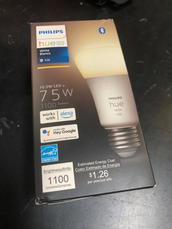 Photo 1 of Philips Hue Smart 75W A19 LED Bulb - Soft Warm White Light - 1 Pack - 1100LM - E26 - Indoor - Control with Hue App - Works with Alexa, Google Assistant and Apple Homekit