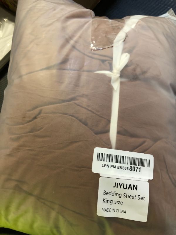 Photo 1 of JIYUAN 100% Washed Cotton Sheet Set 4 Pieces King,1 Fitted Sheet,1 Flat Sheet and 2 Pillowcases,Comfy and Breathable Linen Like Bedding Set,Light Brown