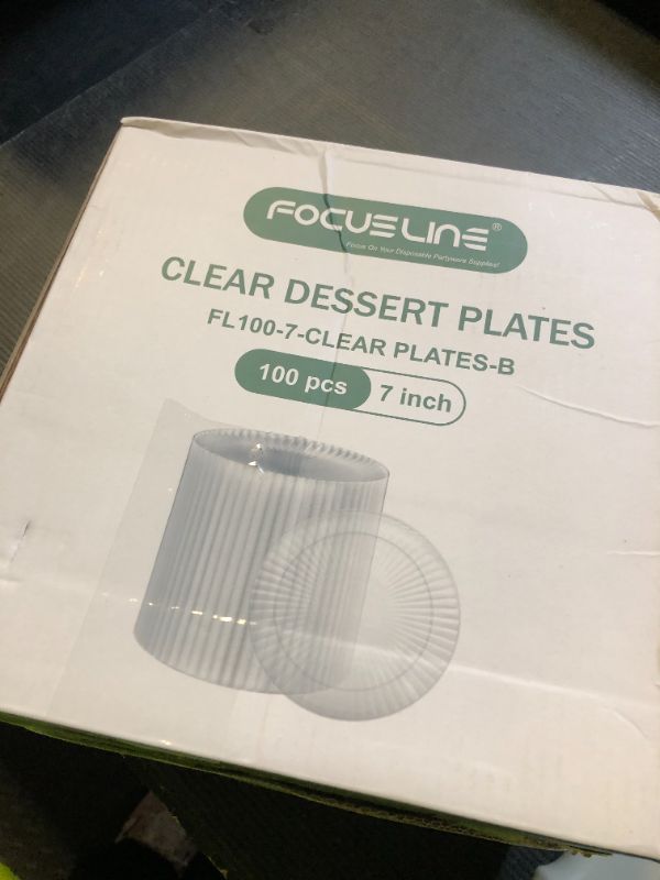 Photo 1 of FOCUSLINE 100 Count Clear Plastic Plates 7 Inch, Disposable Heavy Duty Salad Dessert Plates- Premium Hard Plastic Plate Fancy Disposable Clear Plate for Weddings, Parties and Events