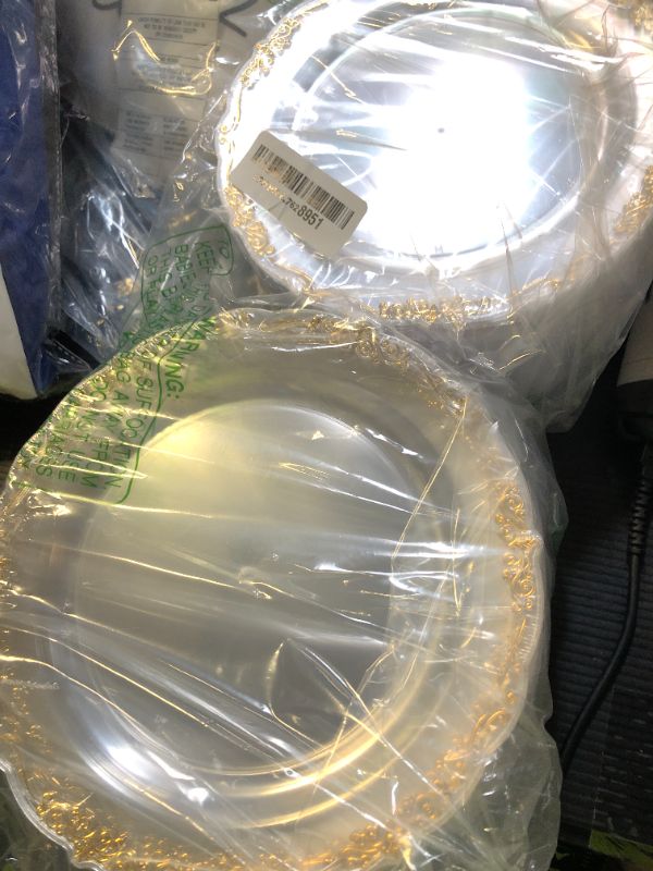 Photo 1 of LIYH 200 Pcs Clear Gold Plastic Dessert Plates 7.5"and Cake Forks 5" - Clear Small Cake Plastic Plates and Gold Forks for Parties Wedding Birthday