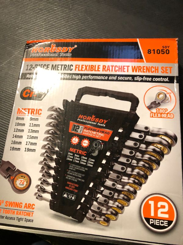 Photo 1 of HORUSDY 12-Piece Metric Flex-Head Ratcheting Wrench Set with Organizer | 8-19 mm Ratchet Combination Wrenches Set | 72-Teeth | Chrome Vanadium Steel