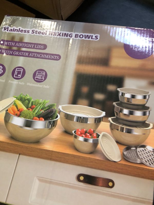 Photo 1 of Winproper Mixing Bowls with Lids Set, 6 PCS Stainless Steel Mixing Bowls with 3 Grater Attachments, Kitchen Food Storage Organizers Nesting Mixing Bowl, Large Size 4.5, 3.5, 2.1, 1.5, 1.1, 0.7QT-Black