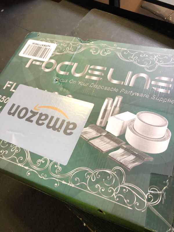 Photo 1 of FOCUSLINE 350 Ct Silver Dinnerware Set for 50 Guests, Silver Lace Plastic Plates Disposable Heavy Duty, Including 50 Dinner & Dessert Plates, Cups, Napkins, Cutlery Set