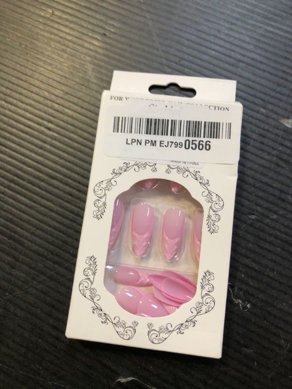 Photo 1 of SINHOT Stiletto Press on Nails Long Fake Nails Pink Acrylic Nails Glossy Glue on Nails 3D Swirl Almond Artificial Nails Stick on French Tip False Nails with Design 24 pcs