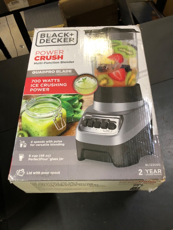 Photo 1 of BLACK+DECKER PowerCrush Countertop Blender, 6-Cup Glass Jar, For Smoothies and More, Stainless Steel Blade, 4 Speed Settings to Puree, Crush Ice, Chop, Dice, and Pulse, Dishwasher Safe, 700W Motor