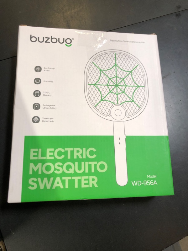 Photo 1 of Buzbug Electric Fly Swatter, Type-C Rechargeable Mosquito Swatter, Foldable, Dual Handheld and Auto Zap Mode, 3800V Powerful Instant Bug Zapper Racket, Mosquito Bat for Indoor Outdoor Camping -WD956A