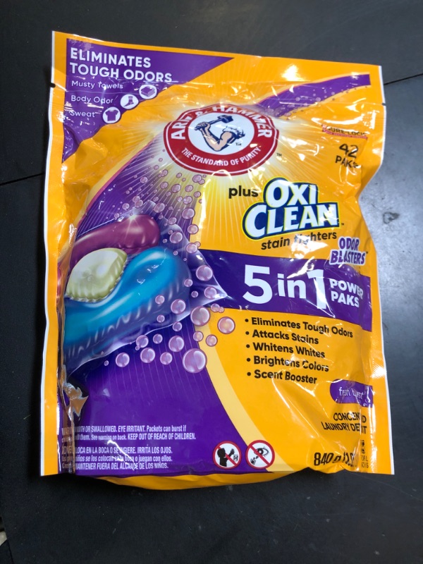 Photo 1 of ARM & HAMMER Plus OxiClean with Odor Blasters 5-in-1 Laundry Detergent Power Paks, Laundry Odor Remover, Eliminates Odors, Attacks Stains, Fresh Burst Scent, 42 Count?