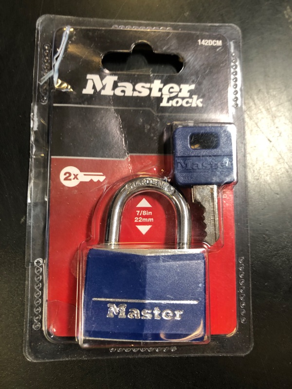 Photo 1 of Master Lock Blue Vinyl Covered Aluminum Keyed Padlock, Small Lock for Gym or School Locker can be Used Indoors or Outdoors, 142DCM