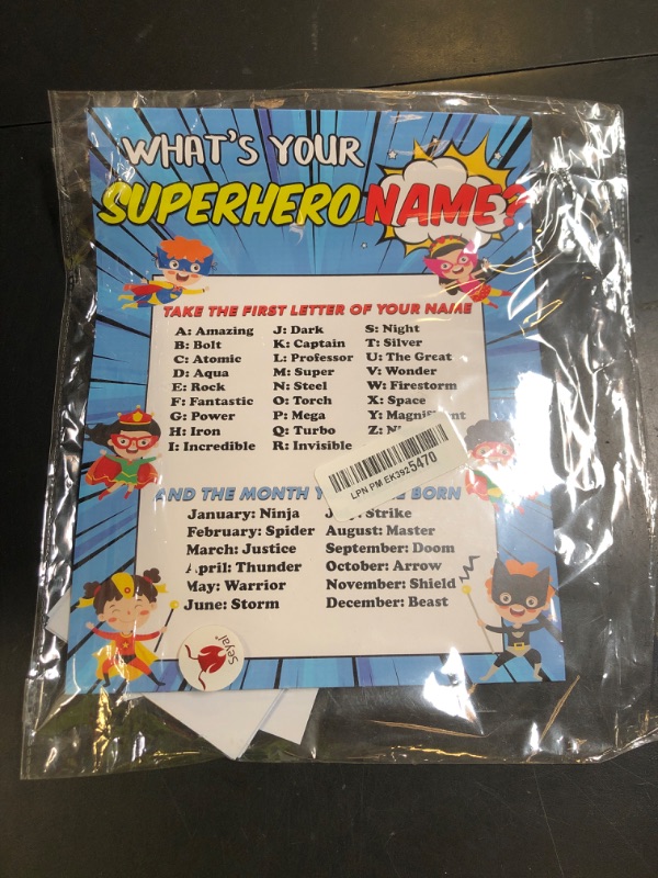 Photo 1 of What's Your Superhero Name Game - Super Hero Birthday Party Games for Boys - Family School Classroom Activity - 1 Standing Sign and 30 Stickers - Kids Superhero Party Supplies Decorations(11)