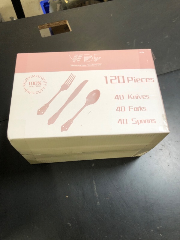 Photo 1 of WDF 120 Pieces Heavy Duty Pink Plastic Silverware - Pink Plastic Cutlery Set - Disposable Pink Utensils - Disposable Flatware Includes 40 Forks, 40 Spoons, 40 Knives for Party, Wedding
