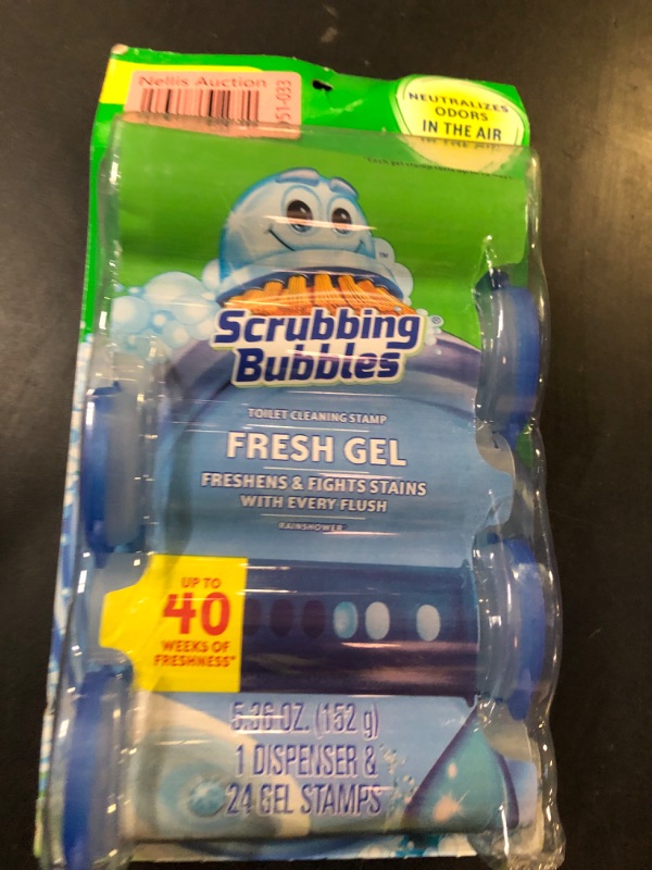 Photo 1 of Scrubbing Bubbles Fresh Gel Toilet Bowl Cleaning Stamps, Helps Keep Toilet Clean and Helps Prevent Limescale & Rings, Rainshower Scent, 1 Dispenser with 24 Fresh Gel Stamps