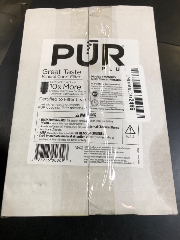 Photo 1 of PUR PLUS Vertical Faucet Mount Water Filtration System, Lead-Reducing Filter, Great-Tasting Water, Easy Install, Lasts 100 Gallons, Compatible with Sinks with External Aerators, Grey