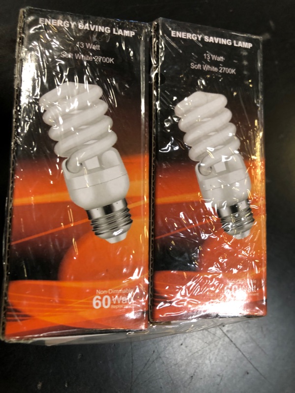 Photo 1 of CFL Light Bulbs E26 Base, T2 Spiral 13Watt (60Watt Equivalent) Soft White 2700K 900lm Compact Fluorescent Light Bulbs, UL Approved, 120v 60Hz, Self Ballasted CFL Bulbs, Pack of 2