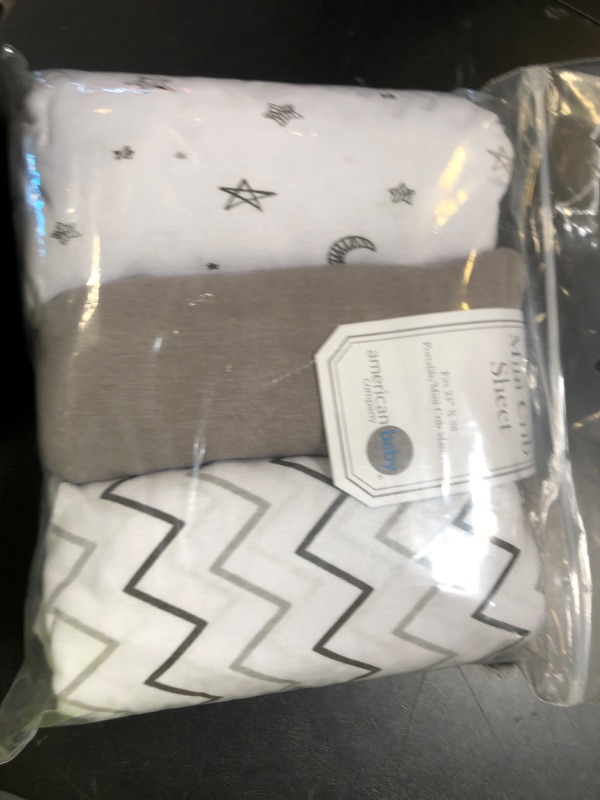 Photo 1 of American Baby Company 3 Pack 100% Natural Cotton Fitted Mini Crib Sheets 38" x 24" - Soft & Breathable Small Nesting Portable Sheets, Fits Pack N Play Mattresses, Gray Star/Zigzag, for Boys & Girls