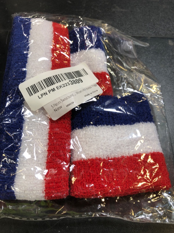 Photo 1 of 5 Pieces Red White and Blue Sweatbands Set and Striped Socks 80s Sweatbands 90s Costume Wrist Sweat Bands for Men and Women Sports Headbands (Red/White/Blue)