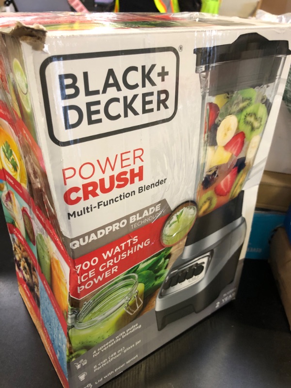 Photo 1 of BLACK+DECKER PowerCrush Countertop Blender, 6-Cup Glass Jar, For Smoothies and More, Stainless Steel Blade, 4 Speed Settings to Puree, Crush Ice, Chop, Dice, and Pulse, Dishwasher Safe, 700W Motor