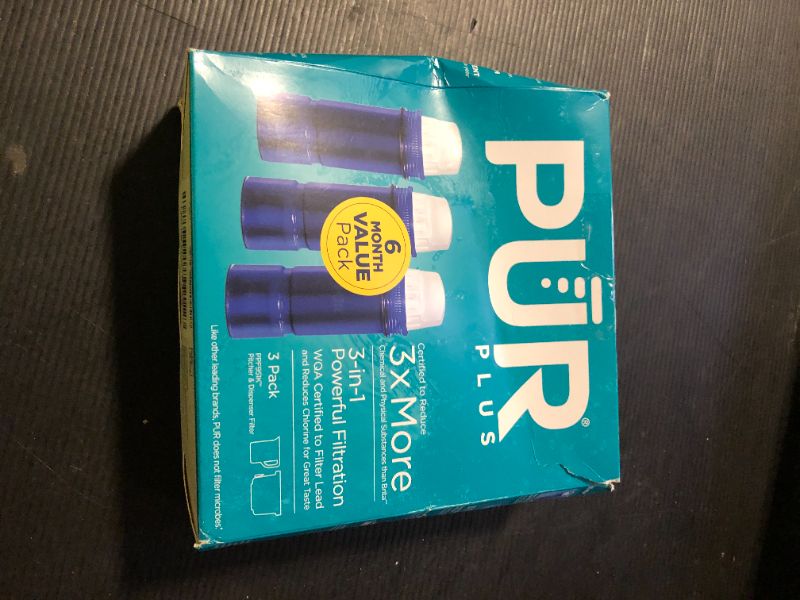 Photo 1 of PUR PLUS Lead Reducing Water Pitcher and Dispenser Replacement Filter, Value Pack, 6-month Supply, Compatible with all PUR Pitchers and Dispensers, Blue, 3 Count, PPF951K3
