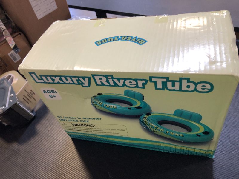 Photo 1 of 2 Pack 53" Heavy Duty River Tube Float for Adults,Inflatable River Raft Float for Pool Lake Beach with Built-in Cup Holders,Ergonomic Backrest,Durable Grip Handles & Grab Rope,360Lb Weight Capacity