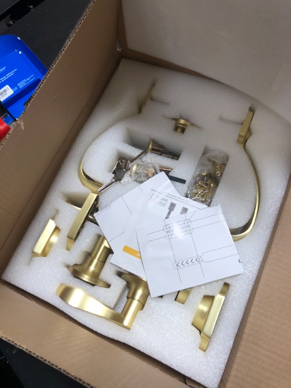 Photo 1 of goldenwarm Double Front Door Lock Set, Gold Double Door Handlewith Dummy, Double Classic Front Door Hardware Set with Reversible Wave Handle Lever, Double Entry Door Lock Set