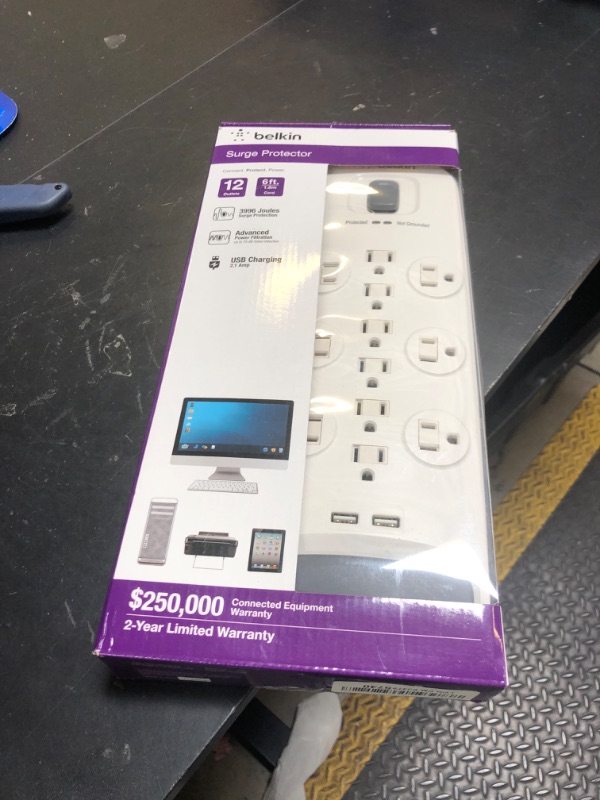 Photo 1 of Belkin USB Power Strip Surge Protector - 12 AC Multiple Outlets & 2 USB Ports - 6 ft Long Flat Plug Extension Cord for Home, Office, Travel, Computer Desktop & Charging Brick - White (3,996 Joules)