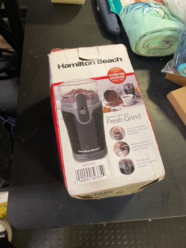 Photo 1 of Hamilton Beach Fresh Grind Electric Coffee Grinder for Beans, Spices and More, Stainless Steel Blades, Removable Chamber, Makes up to 12 Cups, Black