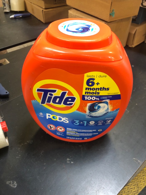 Photo 1 of Tide PODS Laundry Detergent Pacs, 3-in-1 Stain Remover, Odor Fighter, Color Protector, 112 Count, HE compatible, Original Scent