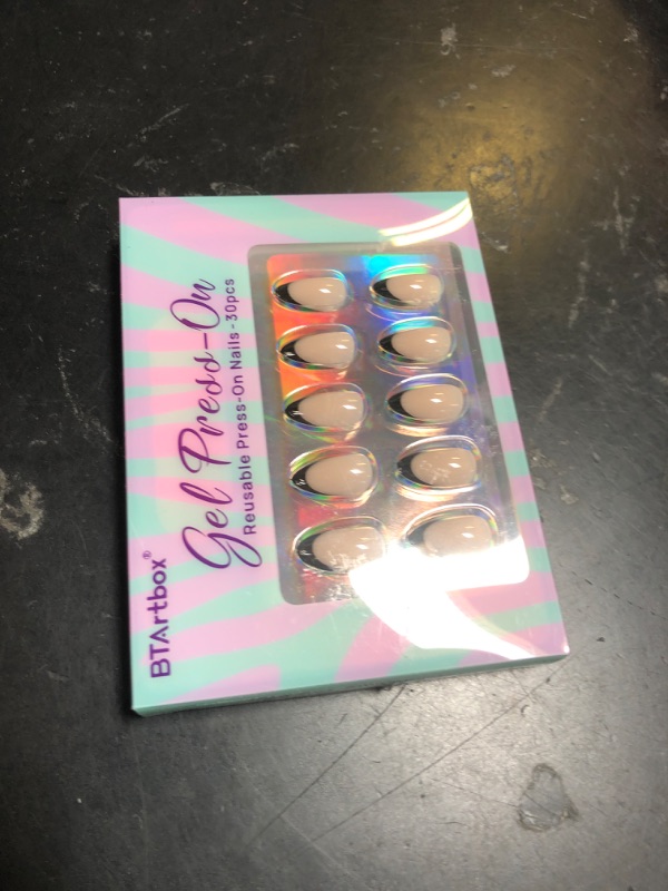 Photo 1 of BTArtbox French Tip Press On Nails Almond - Black Press on Nails Short, Glue On Nails for Women Gift, Supremely Fit Natural Reusable Stick On Nails in 16 Sizes - 30 Fake Nails Kit, Black French