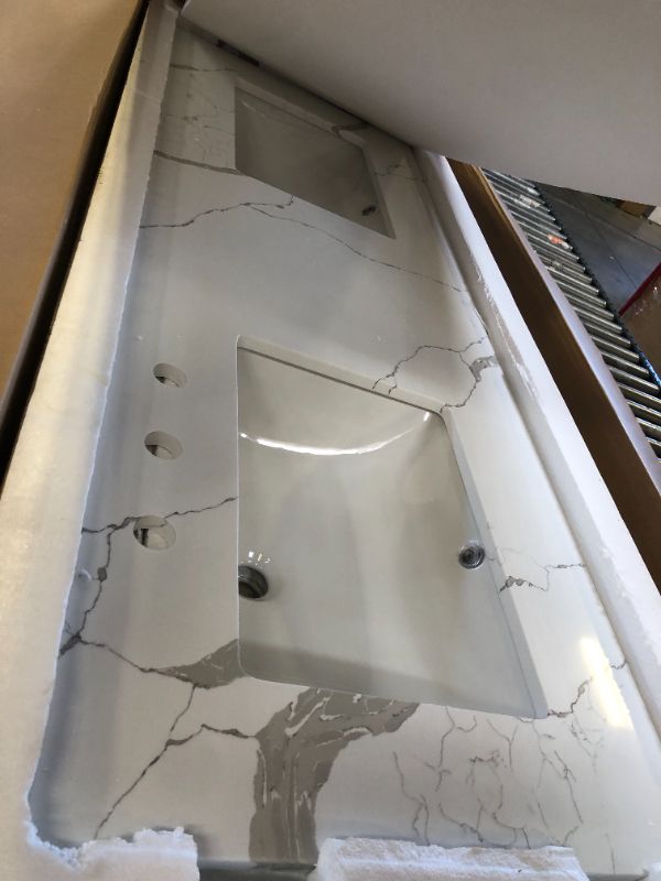 Photo 1 of EQLOO 60 in.W x 22 in.D Quartz Calacatta River Vanity Top,with Undermount Double Sink Vanity Top,with Two Sidesplash & One Backsplash,8 Inch Faucet Hole Spread Bathroom Vanity Sink Countertop
