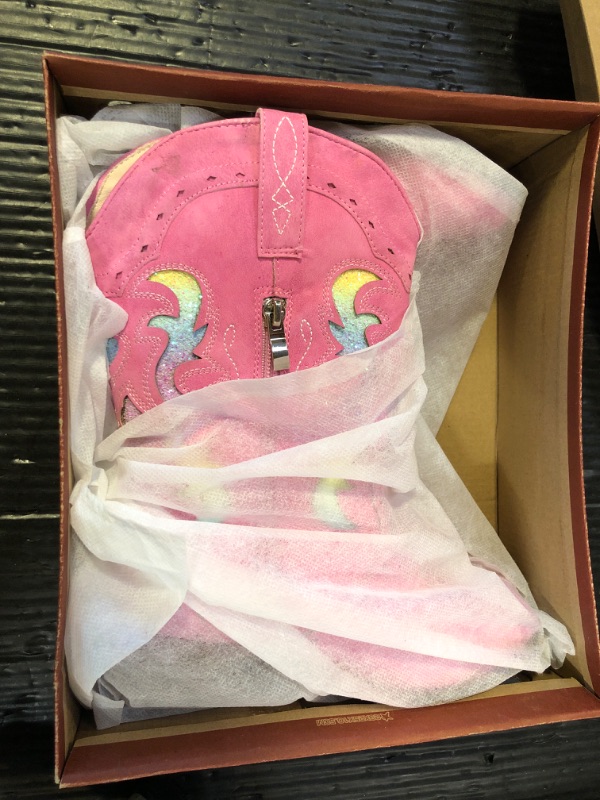 Photo 1 of LAURMOSA Girls Cowgirl Boots Sparkly Pink Little Girls Cowboy Square Toe Old West Kids Horseback Riding Boots Size 2 with Heels Zipper Cowgirl Shoes Party Dance(L1050FuchsiaRainbow 2)