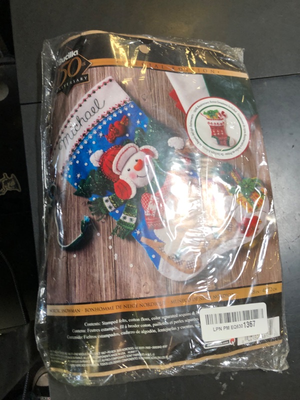Photo 1 of Bucilla Nordic Snowman Stocking Kit, 18" Felt stocking kit, Blue, White, Red