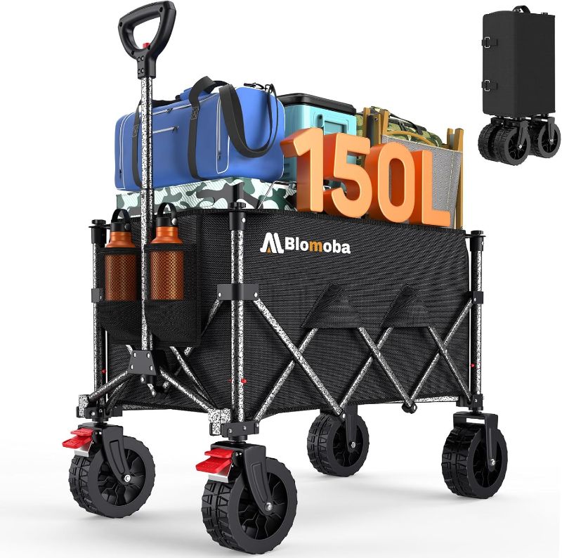 Photo 1 of Collapsible Wagon Cart, 150L Heavy Duty Foldable Beach Wagon with Wider Wheels & Auto-Rebound Handle, Utility Grocery Shopping Cart for Garden, Shopping, Camping, Sports, Black
