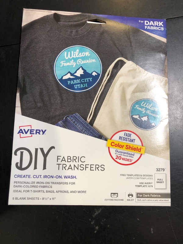 Photo 1 of Avery Printable Heat Transfer Paper for Dark Fabrics, 8.5" x 11", Inkjet Printer Compatible, 5 Sheets of Iron On Transfer Paper, Great for Custom Shirts, Uniforms, Gifts, and More (3279)