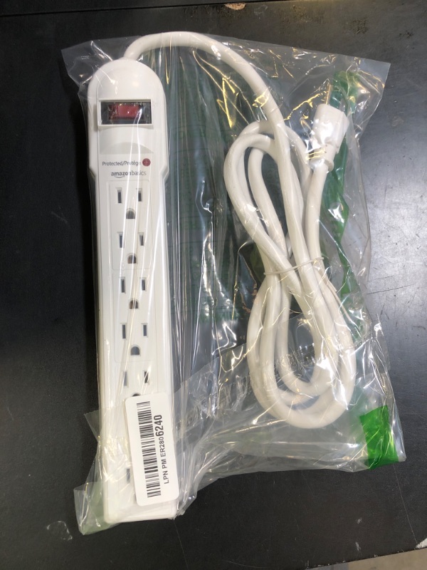 Photo 1 of Amazon Basics Surge Protector Power Strip, 6-Outlet, 790 Joules, LED Indicator, 6ft Extension Cord, White