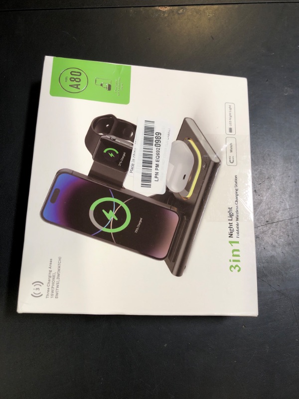 Photo 1 of 3 in 1 Foldable Charging Station for Apple Products,Fast Wireless Charger Travel Dock Adapter&Light for iPhone 16/15/14/13/12/11/X/XS,for iWatch 10/9/8/7/Ultra2/Ultra/SE,for AirPods 4/3/2/Pro/2(Black)
