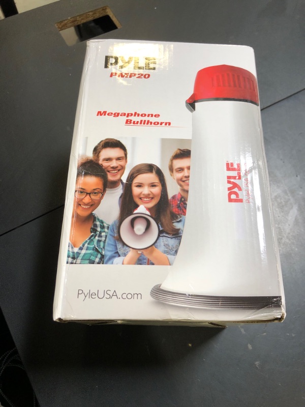 Photo 1 of Pyle 20W Megaphone Bullhorn - 5.4'' x 8.6'' Portable Megaphone, Projection Range Up to 800 Sq. Yards, Voice Talking & Siren Alert, Shoulder Strap, Battery Operated, (White)