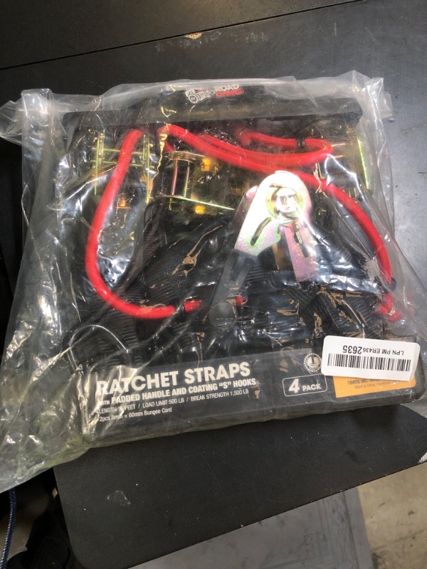 Photo 1 of ROAD DAWG Torin Tie Down Straps,15 Foot Ratchet Tie Down Straps with 500 lb Load Limit/1,500 lb Break Strength, Ratchet Straps with Safety Lock S Hooks,Black, Pack of 4,ATRTD1009D