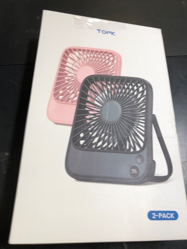 Photo 1 of TOPK 2 Pack 5000mAh Portable Desk Fan, Ultra-thin Strong Wind Digital Display 4 Speeds Adjustable Small Quiet Battery Powered Personal Travel Fan for Bedroom, Office, Cruise, Library, Outdoor