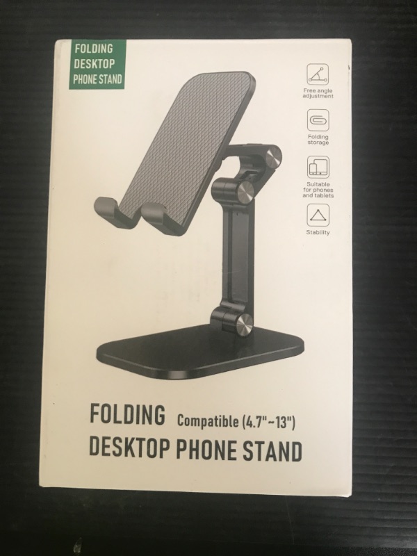 Photo 1 of OCYCLONE Phone Stand, Adjustable Height and Angle Foldable Cell Phone Stand Holder for Desk, Taller iPhone Stand Compatible with 4.7"-13" Smartphones iPad Tablet, Black