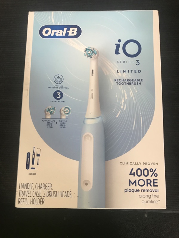 Photo 1 of Oral-B iO Series 3 Limited Rechargeable Electric Powered Toothbrush, Blue with 2 Brush Heads and Travel Case - Visible Pressure Sensor to Protect Gums - 3 Modes - 2 Minute Timer