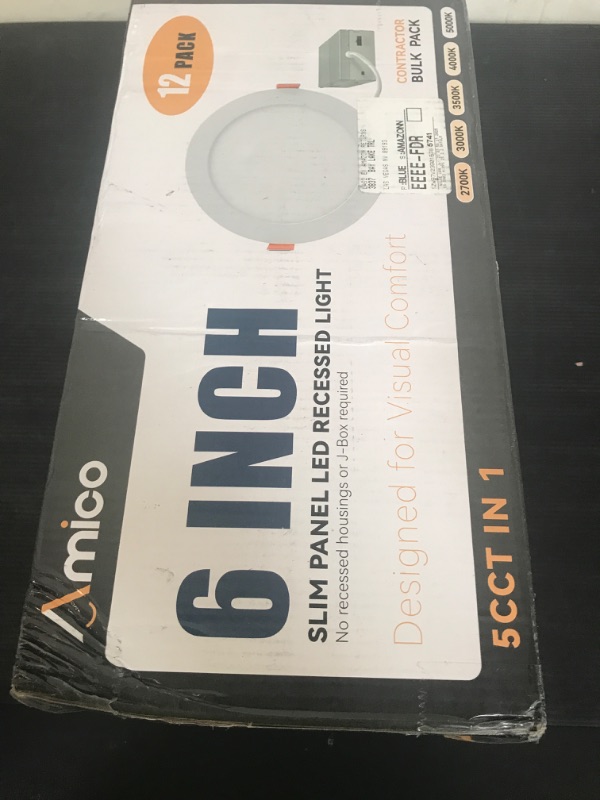 Photo 1 of Amico 12 Pack 6 Inch 5CCT Ultra-Thin LED Recessed Ceiling Light with Junction Box, 1050LM Brightness, Dimmable Canless Wafer Downlight, 12W, ETL&FCC