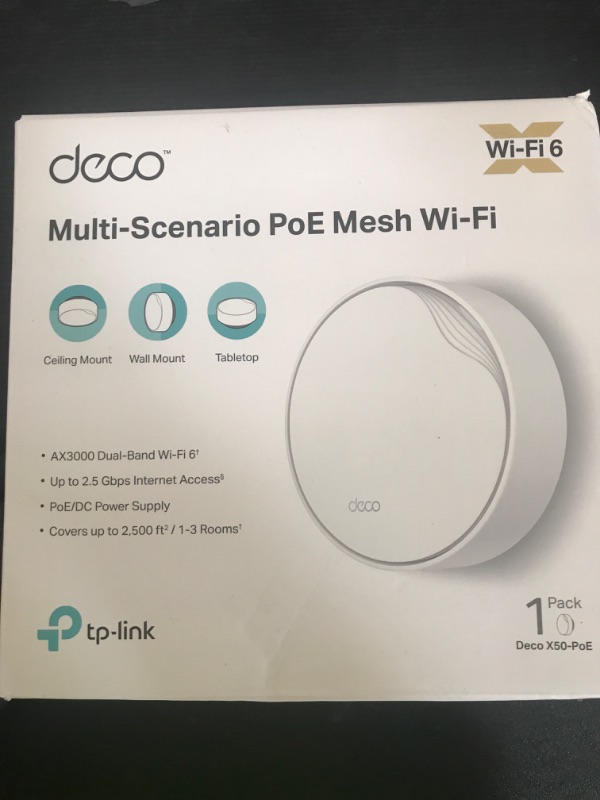 Photo 1 of TP-Link ???? X50-PoE AX3000 PoE Mesh WiFi - Ceiling/Wall-Mountable WiFi 6 Mesh, Replacing WiFi Router, Access Point and Range Extender, PoE-Powered, 2 x 2.5G PoE Ports, 1-Pack