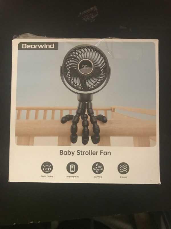 Photo 1 of Bearwind Mini Portable Stroller Fan for Travel,360° Rotation,4-Speed LED Night Light Clip on Fans Operated by Rechargeable Battery, Baby Essentials for Car Seat Beach Bed Golf Cart (Black)