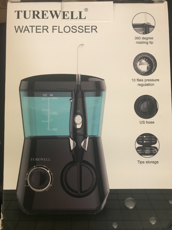 Photo 1 of TUREWELL Water Flossing Oral Irrigator, 600ML Dental Teeth Cleaner 10 Adjustable Pressure, Electric Oral Flosser for Braces, 8 Replacement Jet Tips for Family (Black)