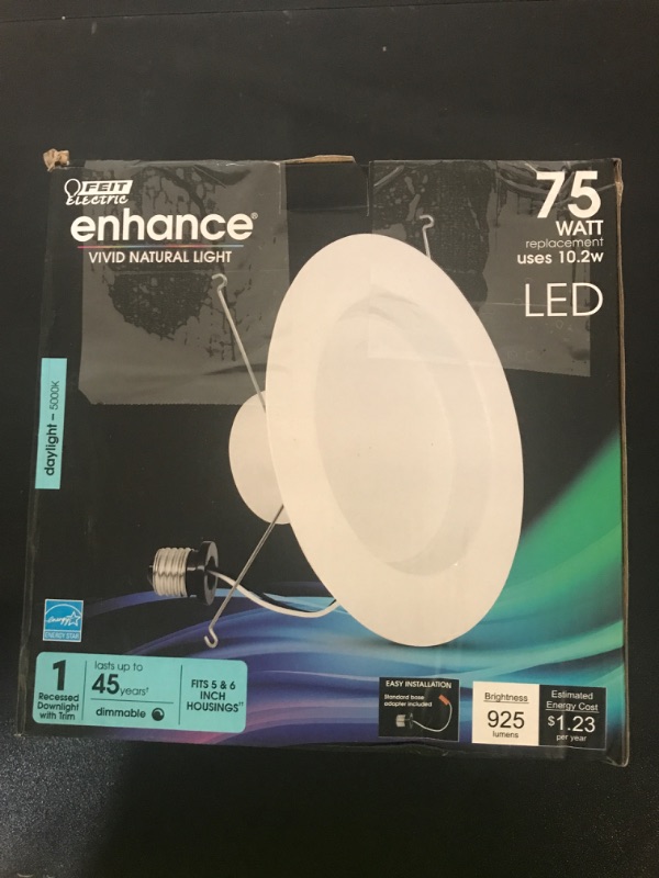 Photo 1 of Feit Electric 5-6 inch LED Recessed Downlight - Pre-Mounted Trim - Standard Base Adapter - 5000K Daylight - Dimmable- 75W Equivalent - 45 Year Life - 925 Lumen - High CRI