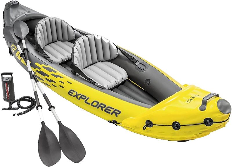 Photo 1 of Intex 68307EP Explorer K2 Inflatable Kayak Set: Includes Deluxe 86in Aluminum Oars and High-Output Pump – SuperStrong PVC – Adjustable Seats with Backrest – 2-Person – 400lb Weight Capacity
