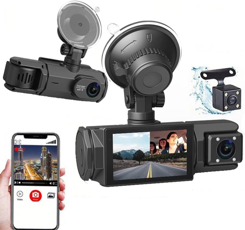 Photo 1 of 3 Channel Dash Cam Full HD 1080P Dual Camera Car DVR Camcorder Blackbox Car Dash Camera with G-Sensor and Microphone, Loop Recording, Motion Detection, Vehicle Backup Camera