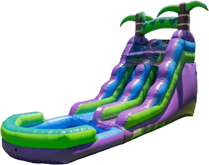 Photo 1 of HeroKiddo 16 Purple Tropical Inflatable Water Slide with Attached Pool (No Blower Included),