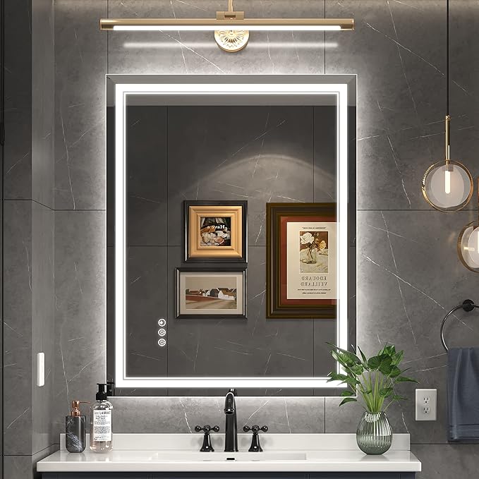 Photo 1 of 28x36 Inch Led Mirror for Bathroom with Front Light and Backlit, Dimmable Anti Fog Wall Bathroom Mirror with Led Lights, Water Proof, Decor Vanity Mirror