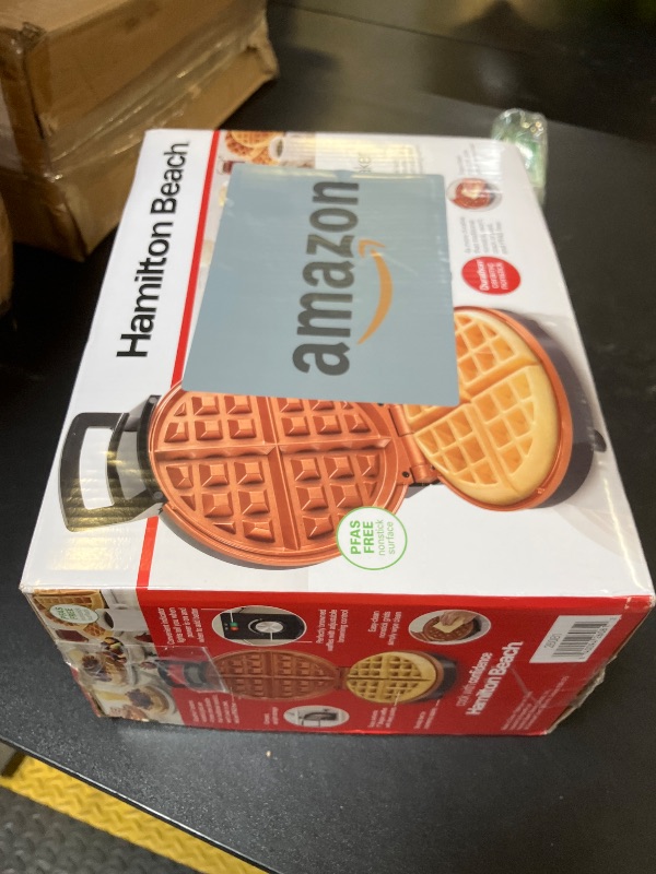 Photo 1 of Hamilton Beach Belgian Waffle Maker with PFAS-Free Non-Stick Ceramic-Coated Plates, Browning Control, Indicator Lights, Stainless Steel (26081)