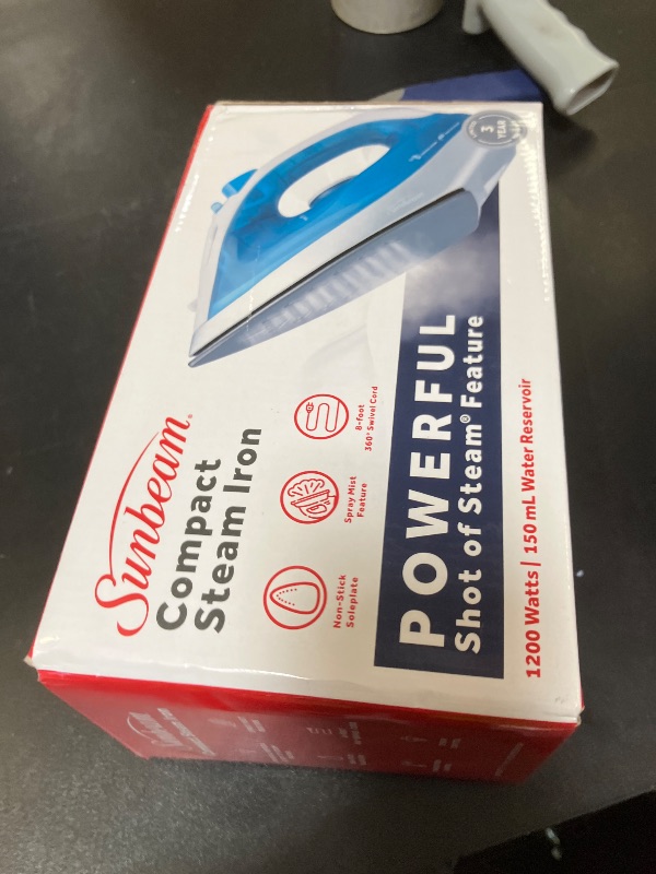 Photo 1 of Sunbeam Compact Steam Iron, 1200 Watts, Non-Stick Soleplate, Powerful Shot of Steam, Horizontal or Vertical, Spray Mist, Precision Tip, White/Blue
